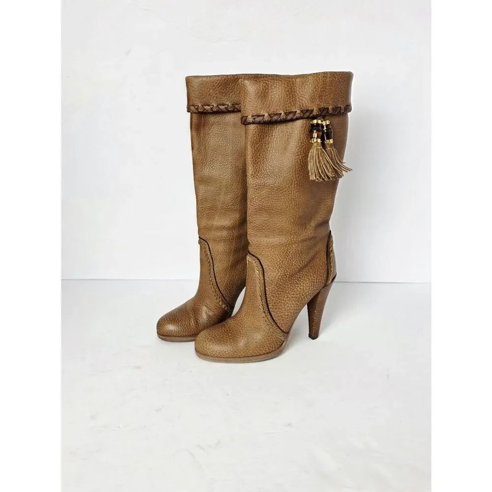 Gucci Marrakech Brown Tan Bamboo Tassels Leather Boots Size 37